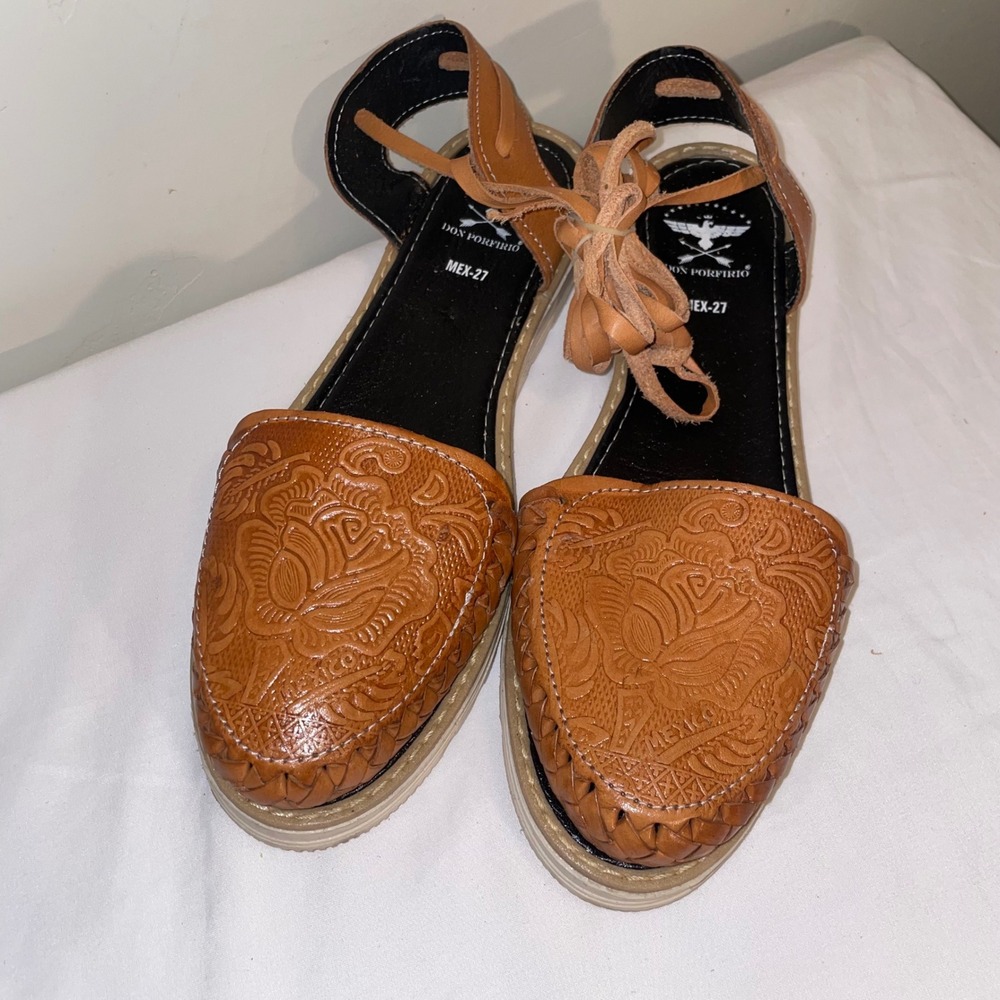 Don Porfirio Embossed Leather Rose Huarache Lace Up Platform Sandals Size 27/10